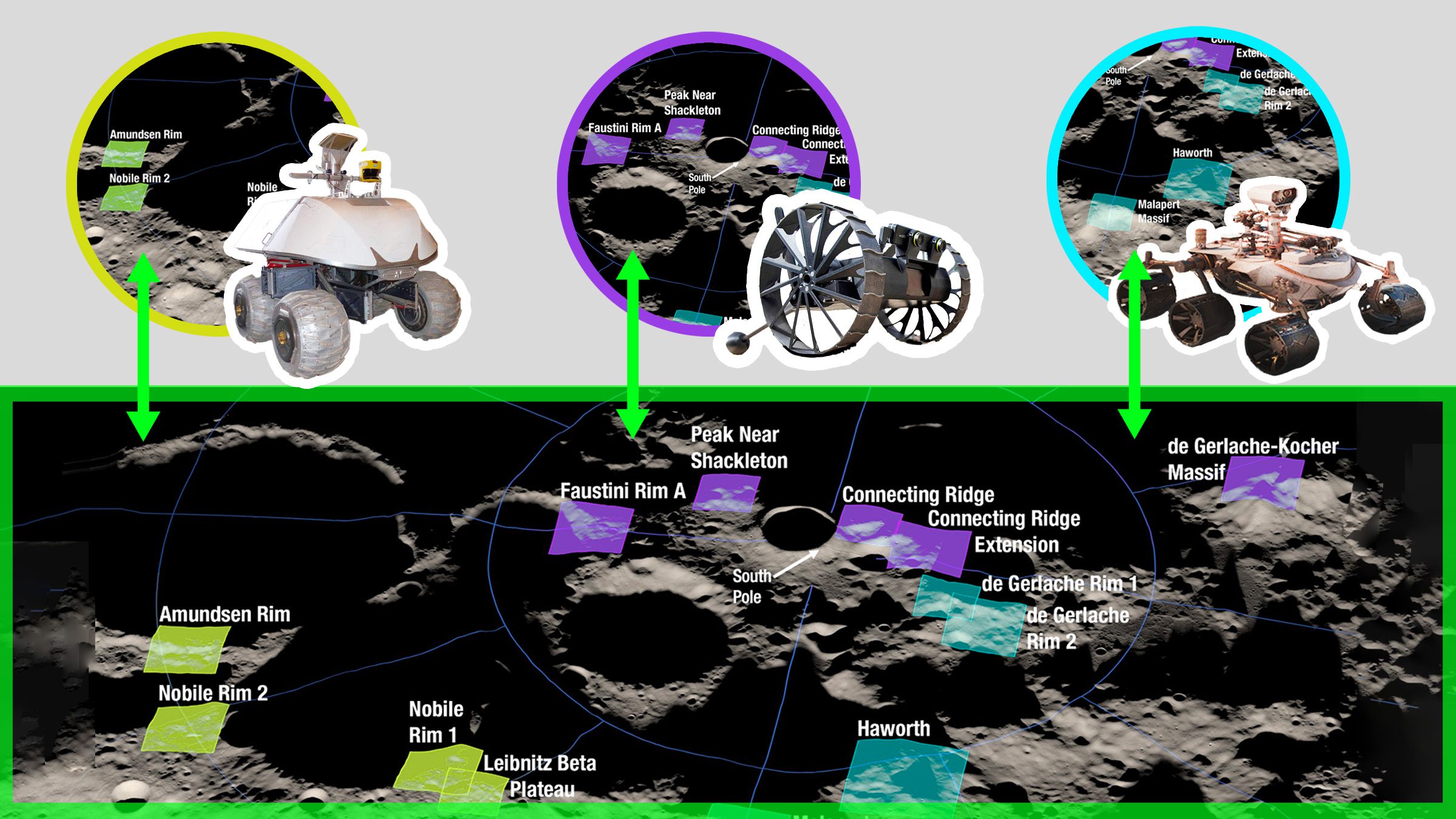 Illustration of different robots on the moon and lunar surface locations identified