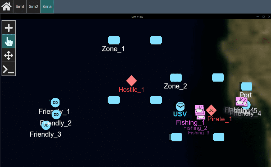 Screenshot of simulation environment used to evaluate MIN-COST, showing USVs, fishing boats, and pirate vessels)