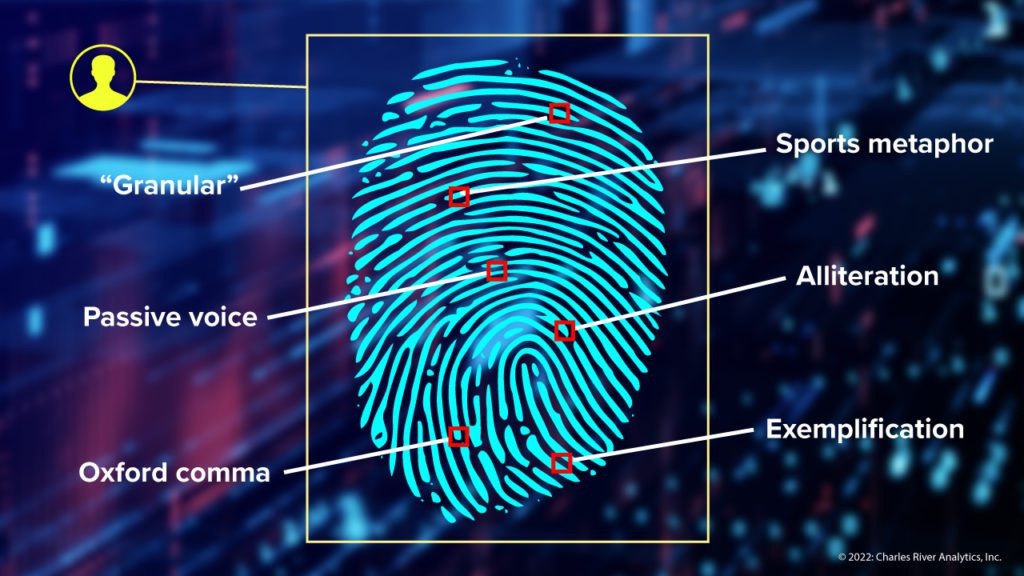 Finger print with grammar attributes, granular, sports metaphor, passive voice, alliteration, oxford comma, exemplification