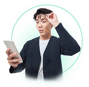Illustration of a young man lifting glasses to forehead looking at a phone with AI measurement markers on his face.
