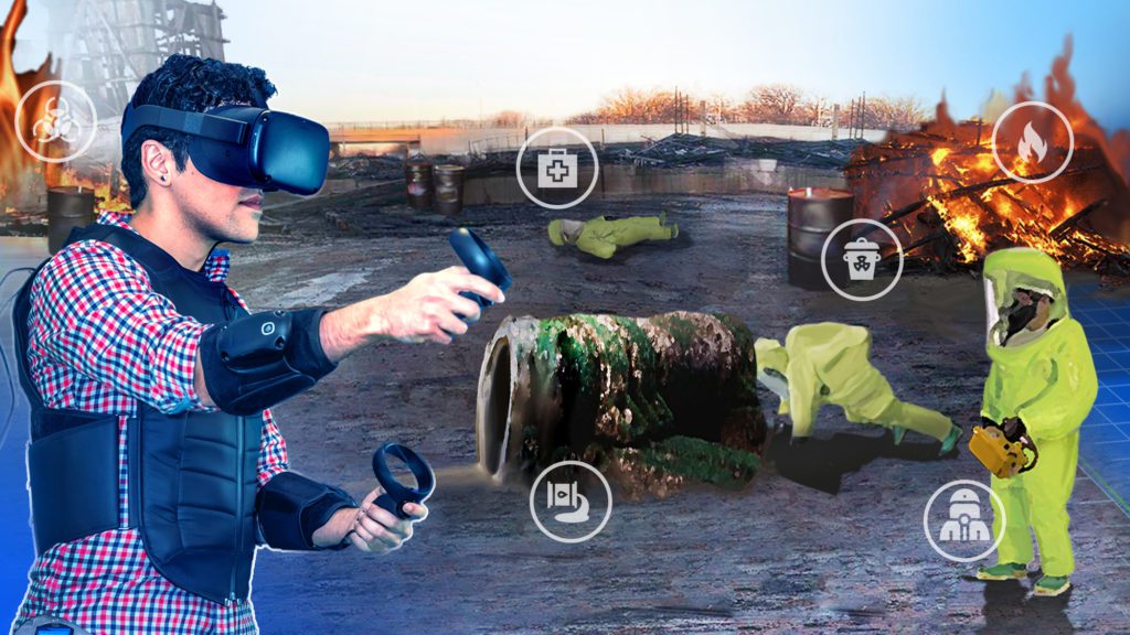 Virtual Reality (VR) image of spilled toxic waste being cleaned by workers in hazmat overalls. In the foreground a trainee with VR equipment is participating in the training.