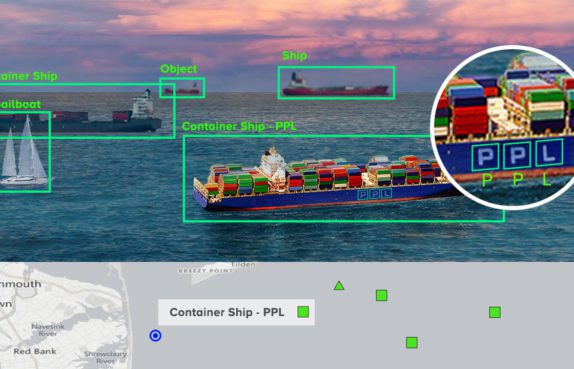 Various ships and boats on water with inset map below. Vessels are being identified and tagged: Contrainer Ship, Sailboat, Object, Ship. One is Tagged as Container Ship - PPL. Text was recognized on vessel.