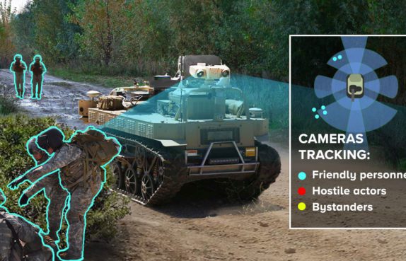 Military tank vehicle with cameras tracking friendly personnel, hostile actors, and bystanders