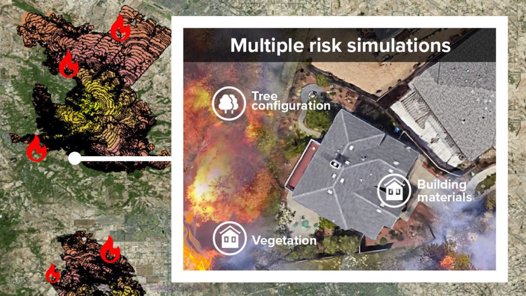 Aerial photo of house rooftops in suburban community with tree configuration, vegetation and building materials identified and nearby wildfires depicated. A topographical map is in the background depicting fire locations.