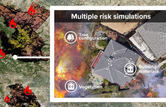 Aerial photo of house rooftops in suburban community with tree configuration, vegetation and building materials identified and nearby wildfires depicated. A topographical map is in the background depicting fire locations.
