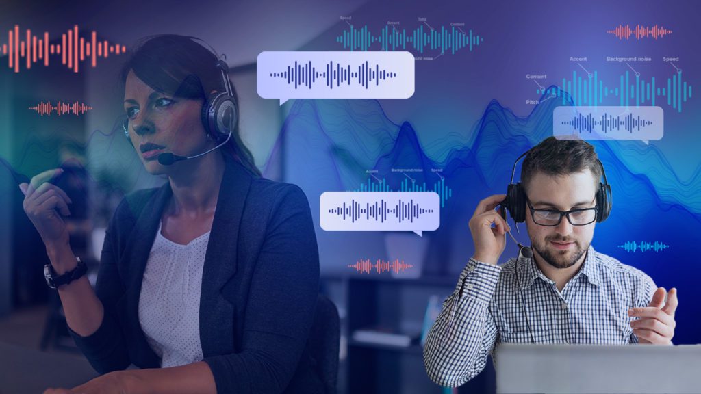 Illustration of a main and woman talking on headsets with audio file overlays