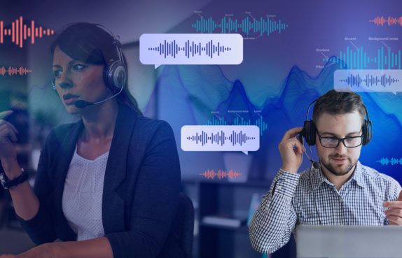 Illustration of a main and woman talking on headsets with audio file overlays