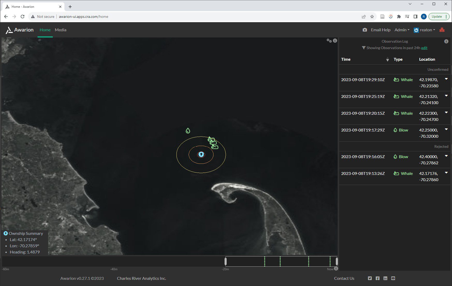 Screen shot of Awarion Software showing whale and blow detection off the coast of Cape Cod.